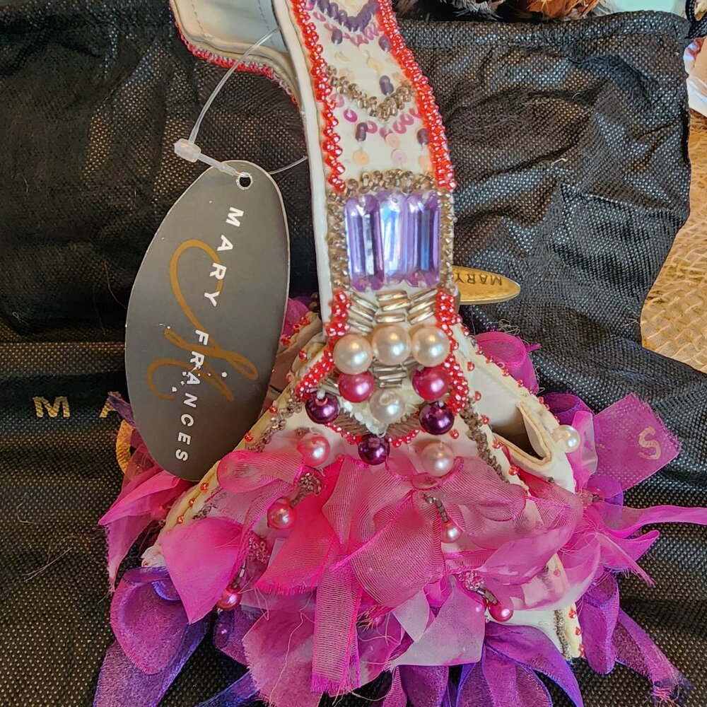 MARY FRANCES WHITE LEATHER BAG WITH BEADED AND RUFFLED EMBELLISHMENT